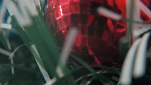 Christmas decoration, colorful crystal ornaments blue, green and red balls, new year decorated, shin