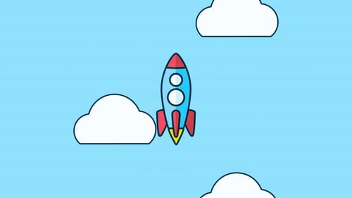 Colorful cartoon rocket ship soaring through sky with clouds