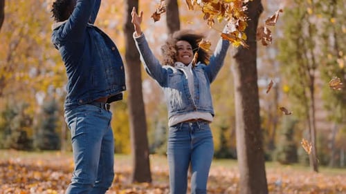 Black Man and Woman in Love Throw Autumn Leaves Up Laughing