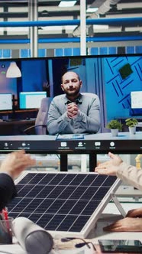 Vertical Video Photovoltaics Plant Researchers Doing Videocall to Optimize Energy Production