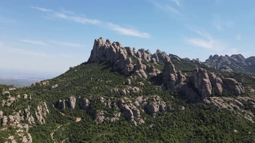 Aerial views of Montserrat peaks, a mountain range in Catalonia
