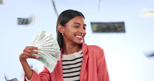 Smiling Woman with Hundred Dollar Bills