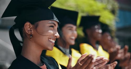 Happy, students and row with applause for graduation, celebration or congratulations at campus