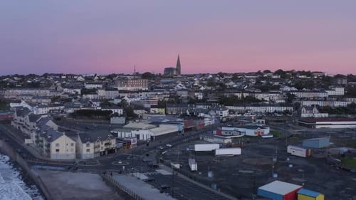 Tramore pink sky dawn aerial highlights Holy Cross Catholic church