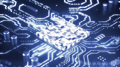 Animated Circuit Board with Glowing AI Processor and Data Flow