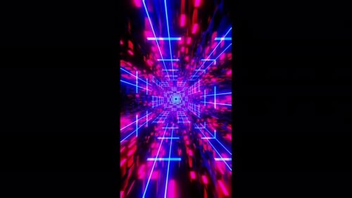 Dynamic neon grid tunnel with vibrant colors for technology visuals