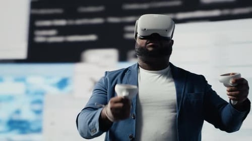 African American Software Developer Uses Virtual Reality Headset for Coding