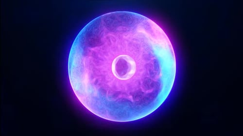 Blue purple energy sphere with glowing bright particles, atom with electrons