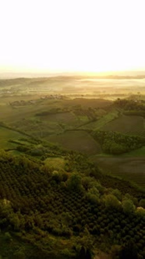 Aerial View of Nature at Sunset with Green Field Valley and Golden Hour