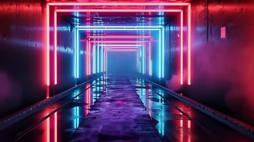 Neontunnel mit lebendigen Lichtern, die sich auf einem nassen Boden reflektieren