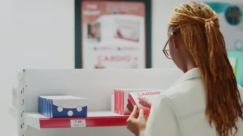 Female Customer Checking Box of Drugs in Medical Store