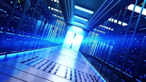 Futuristic Blue Digital Server Room Data Corridor Animation
