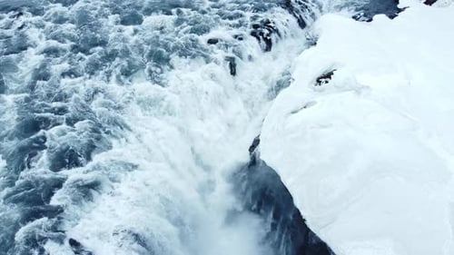 Dettifoss Waterfall in Iceland Frozen Winter Landscape with Snow and Ice Aerial View
