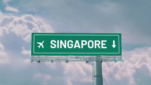 Airplane Arriving To Singapore Road Sign