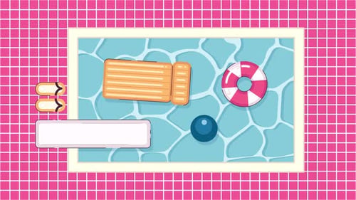Inflatable swimming pool above kawaii lo fi animated cartoon background
