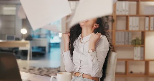 Throw documents, winner and business woman in office for victory, achievement and sale target