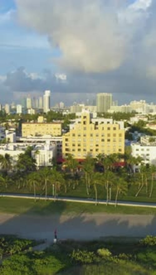 Miami Beach and Miami Downtown Urban Skyline Aerial View Vertical Video