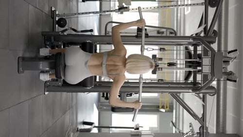 Sporty female woman in grey suit pulled on sports simulator in gym. Back muscles are very tense.