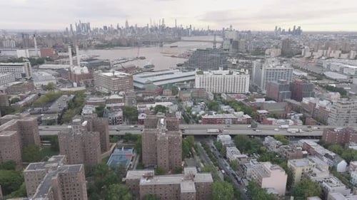 Aerial view of Fort Greene, Brooklyn on an summer morning. Shot on an overcast morning in New York C