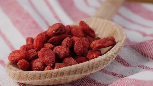 Dried Goji Berries in Wooden Spoon Close-up
