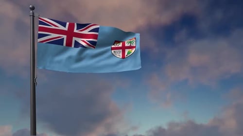 Animated Fiji National Flag Waving with Dramatic Clouds in Blue Sky