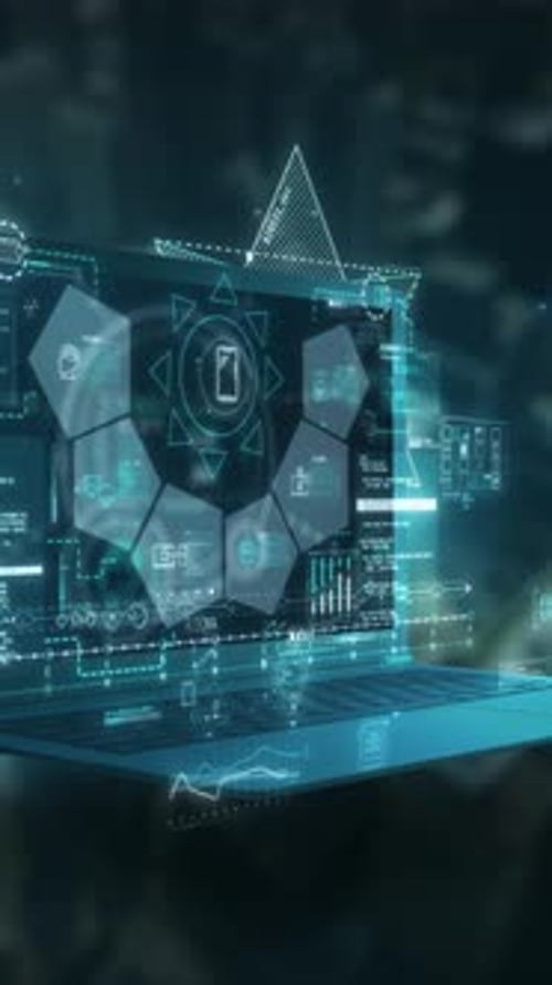 Futuristic Laptop Displaying Hologram Interface with Data Analysis and Charts