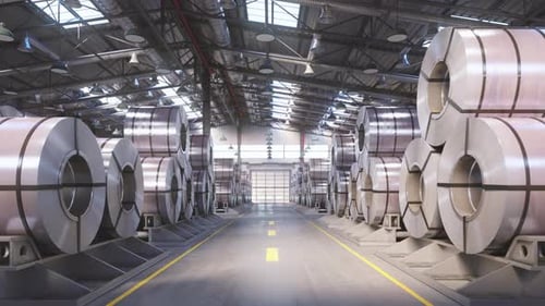 Rolled Steel Metal Rolls Steel Sheets Rolled Up Into Rolls Stacked in Warehouse 3d