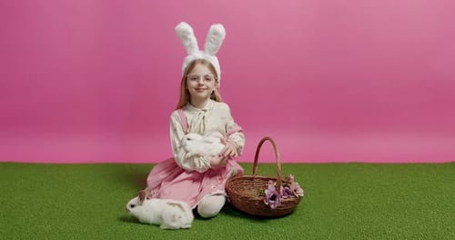 Girl with Easter Bunnies and Basket