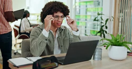 Tired, education and laptop with man in study hall for learning, online test and student project