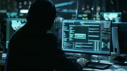 Hooded Hacker Coding at Multiple Computer Screens at Night