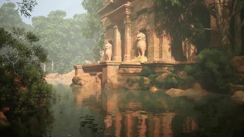 Pond With Statues in Ancient Temple