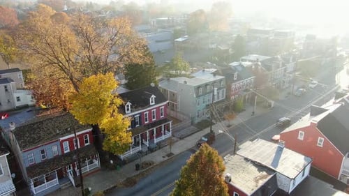 Aerial establishing shot of row homes in city. Colorful tree and houses along street in town in USA