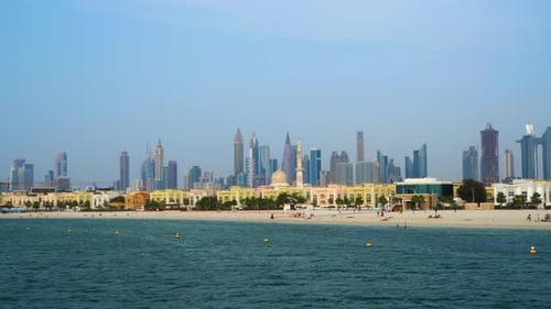 Waterfront High Rise Buildings On Dubai Downtown In United Arab Emirates. - Wide Shot