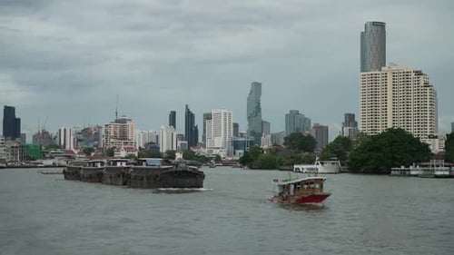 Heavy Industrial Cargo Freight Transport Industry Shipping Vessel on Chao Phraya Bangkok Waterway