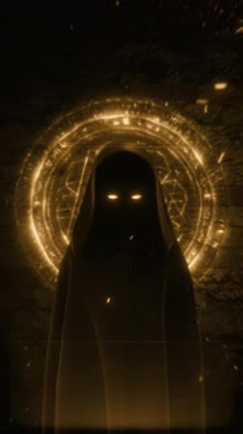 Dark Hooded Figure with Glowing Geometric Magic Circle