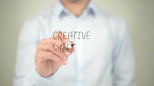 Creative Writing Man Writing on Transparent Screen