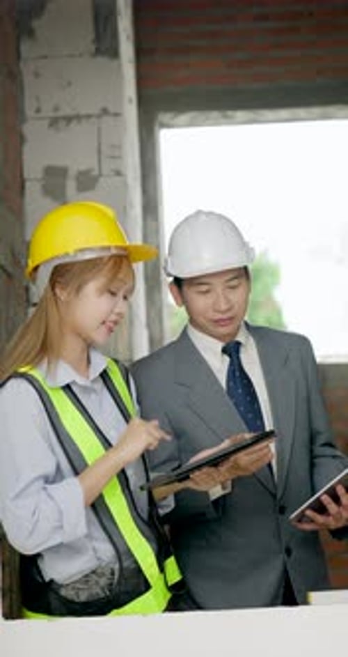 Asian woman engineer and male supervisor review tablet data while looking toward ceiling area,