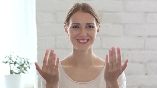 Inviting Gesture By Beautiful Young Woman Both Hands