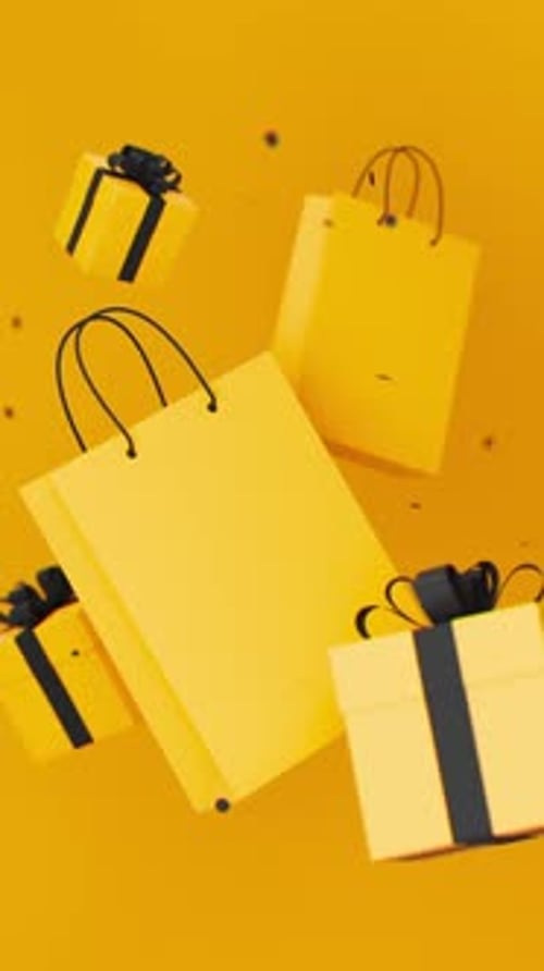 Floating Yellow Gift Boxes Shopping Bags and Black Confetti on Yellow Background for Black Friday