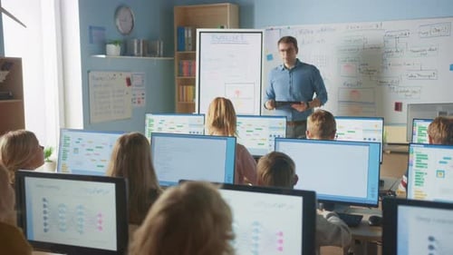 Grundschulklasse: Der Lehrer verwendet ein interaktives digitales Whiteboard und erklärt den Unterricht für verschiedene Schüler