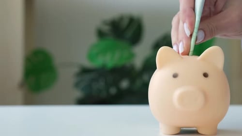 Hand Putting Paper Money Into Piggy Bank for Saving Money Accumulation