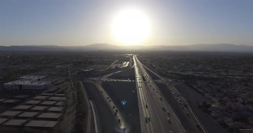 Las Vegas, Nevada highway during beautiful sunset cinematic aerial Drone Shot 4k
