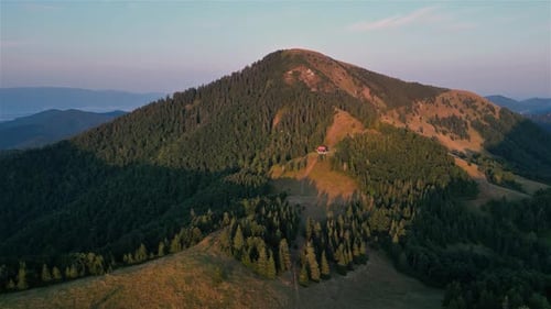 Aerial View of Alpine Forest Mountain Peak in Autumn Sunrise Nature