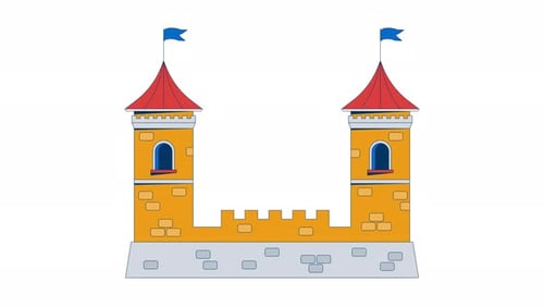 Castle fortress towers with flags waving in wind 2D cartoon object animation