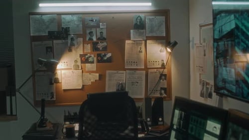 Detective's Office with Investigation Evidence and Suspects