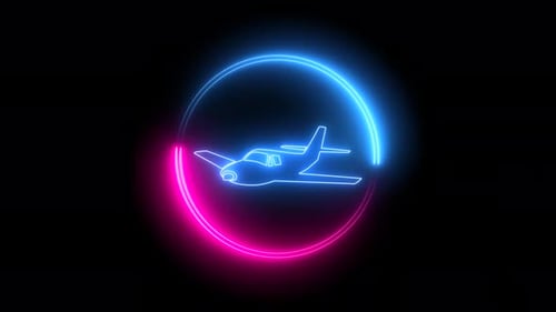 Símbolo de avión de línea de neón de color azul y rosa. Fondo negro. Capítulo 1150 1