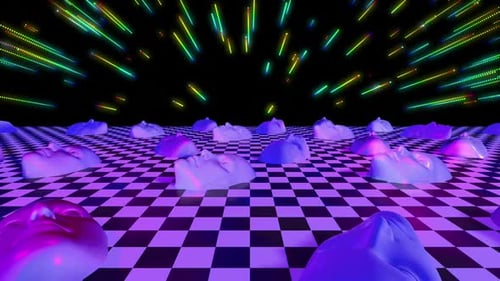 Abstract Neon Lights with 3D Human Faces on a Checkerboard Floor