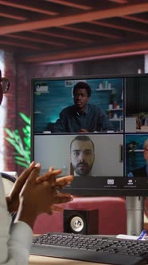 Vertical Video Remote Worker in Home Office Saluting Coworkers During Internet Videocall