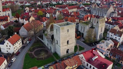 Aerial of abandoned church Visby Gotland Sweden