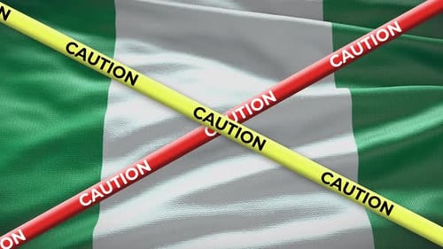 Nigerian Flag Waving with Red and Yellow Caution Tapes Overlay